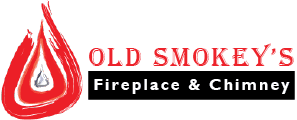 fire logo in red with Old Smokey's written out in red and Fireplace & Chimney in black